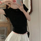 Chic Hollow-Out Backless Round-Neck Short-Sleeve T-Shirt for Women, New Summer Style with Unique Pleated Curved Hem Short Top
