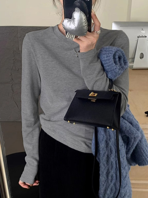 Solid Color Round Neck Long-Sleeve T-Shirt for Women, 2024 Spring New Style, Simple Basic Style, Soft and Comfortable Inner Layer Top ins