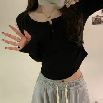 Sexy Hot Girl V-Neck Collarbone-Exposing Long-Sleeved T-Shirt for Women, New Autumn and Winter Korean Style Black Slim Fit Inner Top