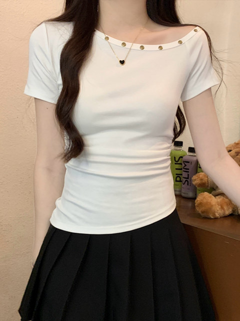 French-Style Fashionable Rivet Design T-Shirt for Women, Summer Pure Desire Off-Shoulder Short-Sleeve Top Ins