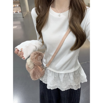 Korean Style Chic Sweet Age-Reducing Long-Sleeved T-Shirt for Women, Spring Lace Splicing, Round Neck, Brushed Base Shirt