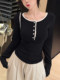 Korean Chic Style Slim-Fit T-Shirt for Women 2025 Autumn Sexy Hot Girl Half-Open Collar Button Color-Block Top