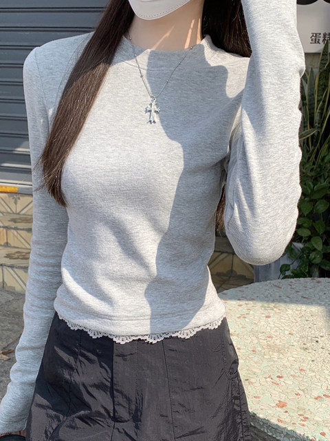 French-Style Simple and Elegant Long-Sleeve T-Shirt for Women, 2025 Autumn Sweet and Age-Reducing Round-Neck Lace Hem Top