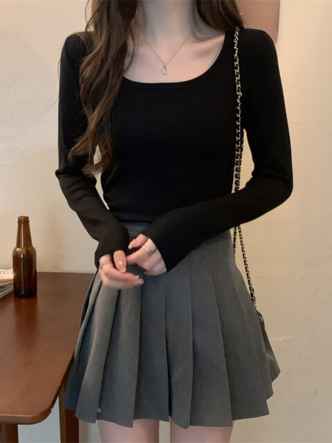 Pink Sweet Style Slim Fit Versatile Long-Sleeve T-Shirt for Women 2024 Autumn Petite Round Neck Pullover Short Top That Exposes the Collarbone