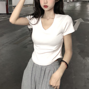 Pure Desire Style V-Neck Short-Sleeve T-Shirt for Women, White, Petite Size, New Summer Korean Version, Slim Fit, Irregular Top, Short Trendy Style