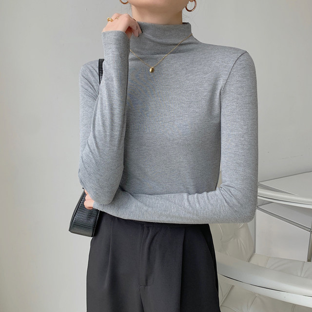 Layered Mid-Neck Base Shirt for Women, New Autumn and Winter Korean Style Slim Fit Half-High Collar White Long-Sleeve T-Shirt Top for Women