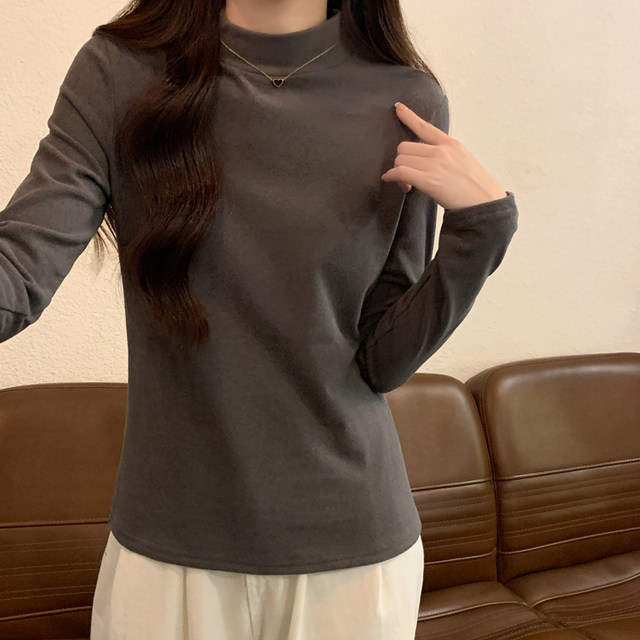 Casual Velvet Pure Color Half Turtleneck Long-Sleeved Bottoming Shirt for Women in Autumn and Winter New Korean Style Casual Velvet Inner Top for Women