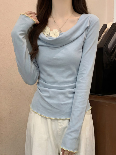 Korean-Style Chic 3D Floral Drape Collar Long-Sleeve T-Shirt for Women, Summer Fashion, Faux Two-Piece, Gentle and Slim-Fitting Top