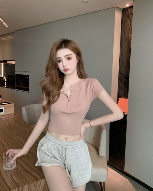 2025 Summer New Korean Style Slim Fit Unique Sexy Half-Open Collar Buttoned Crop Top Women's Short Sleeve Top Short Style