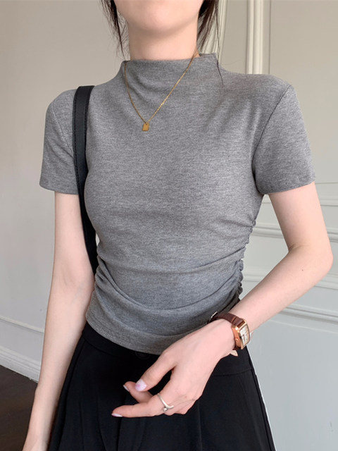 Half-High Collar, Tight-Fitting, Waist-Cinching, Pleated Short-Sleeve T-Shirt for Women, New Summer Korean Style, Pure and Elegant, Short, Regular Shoulder Top