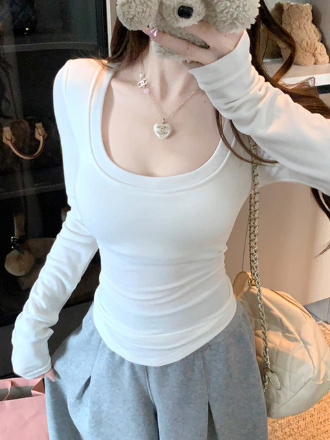 Purely Sexy Hot Girl T-Shirt with Chest Pads, Brushed Fleece, U-Neck, Exposed Collarbone, Very Beautiful, Waist-Cinching Top for Women in Autumn and Winter