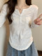 Thin V-Neck White Long-Sleeved T-Shirt for Women 2024 Autumn Design with Curved Hem and Ribbed Short Top
