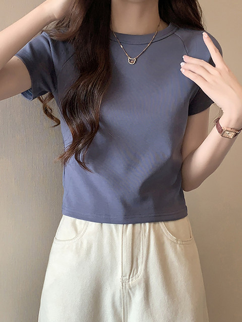 Korean Style High-End Short-Sleeved T-Shirt ins Women's 2025 Summer New Raglan Sleeve Round Neck Versatile Short Top