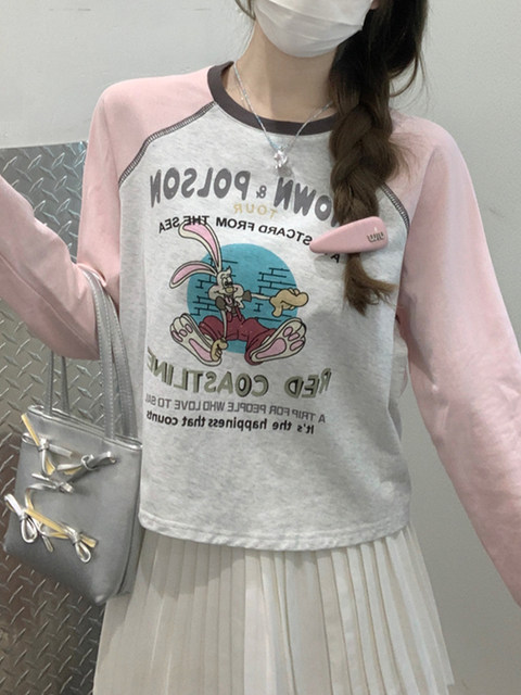 Round Neck Loose Chic Cartoon Print T-Shirt for Women, Spring Design with Contrasting Color Raglan Sleeves, Unique Patchwork Top Ins