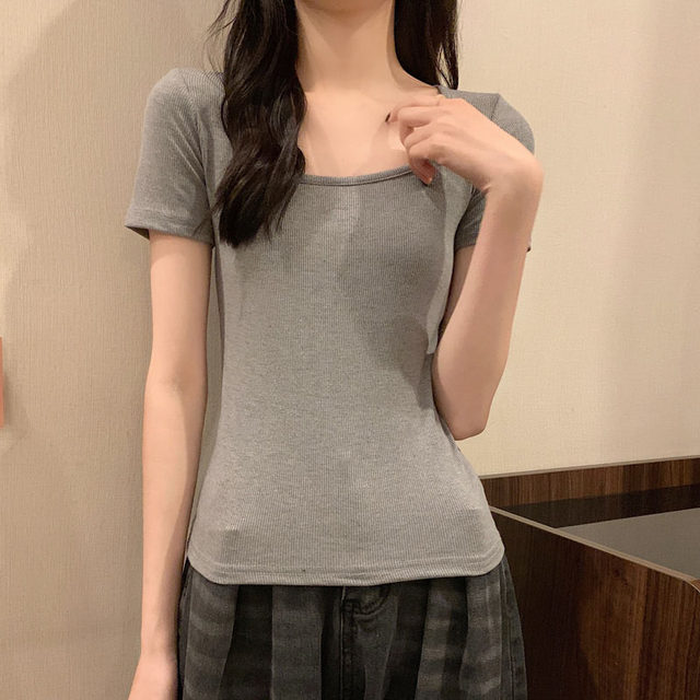 Spicy Girl Petite Square-Neck Ribbed Black Short-Sleeve T-Shirt for Women 2025 Summer New Slim-Fit Collarbone-Revealing Top Short