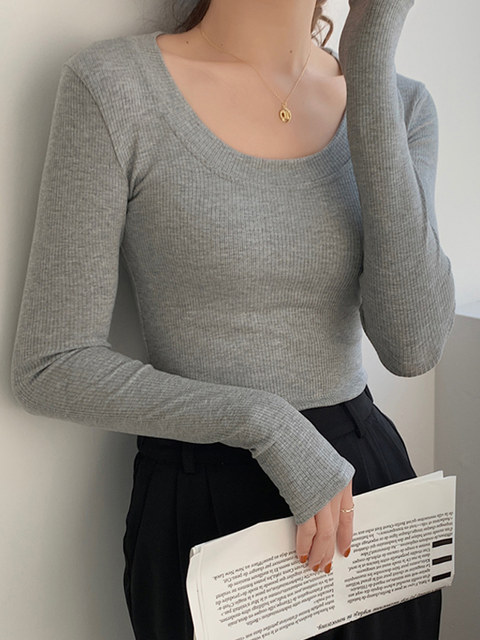 Sexy U-Neck Collarbone-Exposing Long-Sleeve T-Shirt for Women, 2024 Autumn and Winter New Style, Simple Black Slim-Fit Slimming Base Shirt