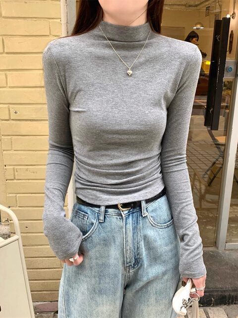 Half-High Collar Long-Sleeve Base Shirt T-Shirt for Women, Autumn Pleated Unique Blue Color, Flattering and Stylish Top