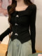 Square Neck Bowknot Three-Dimensional Decorative Long-Sleeve T-Shirt for Women, Spring Season, Stylish and Versatile, Slim Fit, Chic Short Top