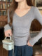Korean Style Retro Slim-Fit V-Neck Knit Sweater for Women 2025 Autumn Solid Color Basic Inner Layer Versatile Elegant Top