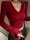 Sexy and Elegant V-Neck Slim-Fit Blouse for Women, 2025 Autumn and Winter, Stylish and Trendy, Slim-Fit Ruched Crop Top