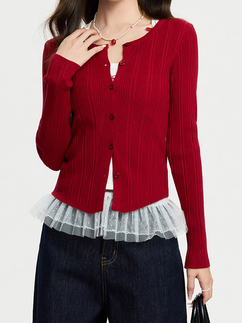 Stylish Red Knit Cardigan for Women, Spring Button-Up Slim-Fit Sweater, Short Jacket for New Year's Outfit