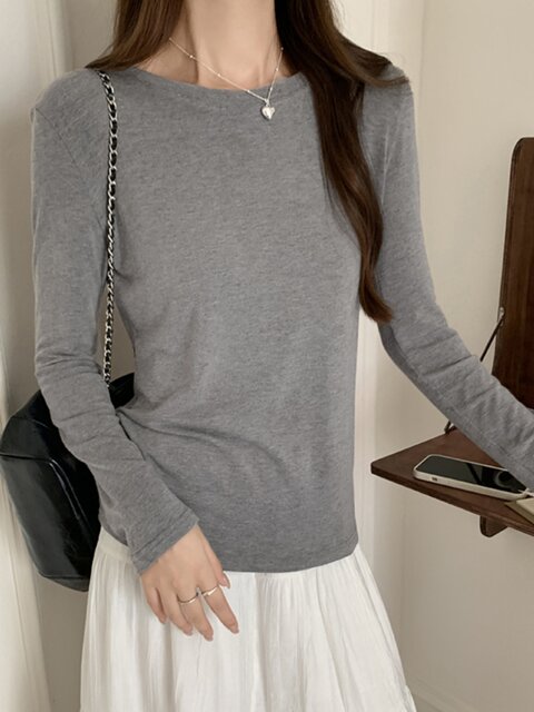 Korean Style Candy-Colored Soft Round-Neck T-Shirt for Women 2024 Autumn Stretchy Simple Slim-Fit Base Shirt Inner Top