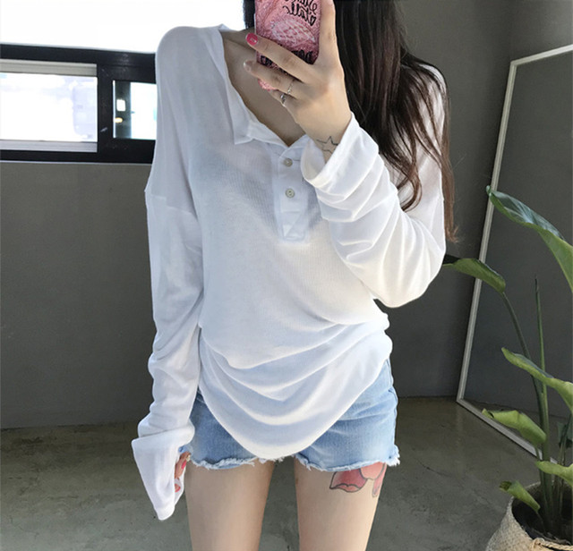 Loose, Asymmetrical Half-Open Collar Button-Up White Long-Sleeve T-Shirt for Women, New Autumn Style, Pure and Lazy, Sun-Protective, Thin Top