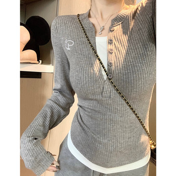 American Retro Button Design Long-Sleeve T-Shirt for Women, 2025 Autumn Color-Blocked Faux Two-Piece Tight-Fitting Versatile Short Top