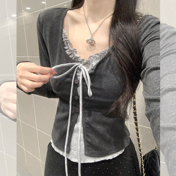 Niche Gray Lace Patchwork Top for Women, 2025 Autumn, Pure and Alluring Style, Petite Waist-Cinching Faux Two-Piece Short Top