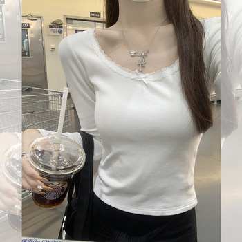 Fashionable Petite Style Round Neck Lace-Trimmed T-Shirt for Women, New Autumn Style, Age-Reducing, Gentle, Slim-Fitting, Slimming Short Top