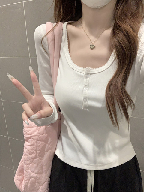 Be careful with square collar button-down long-sleeved T-shirt for women 2025 autumn petite slim fit versatile short crop top