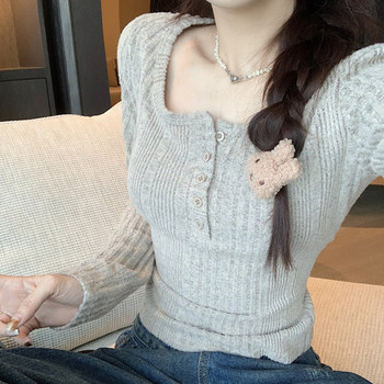 Petite Round-Neck Ribbed Slim-Fit Base Shirt for Women, 2024 Spring New Style, Elegant and Unique Button-Up Short Top