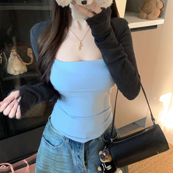 American-Style Spicy Girl Color-Blocked Long-Sleeve T-Shirt for Women, Spring Fashion, Stylish, Fake Two-Piece, Waist-Cinching, Slimming, Short Top