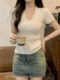 Gentle Korean-Style V-Neck Waist-Cinching Short-Sleeve Blouse for Women, Summer White Simple Fashion Slim-Fit Ribbed Elegant Top