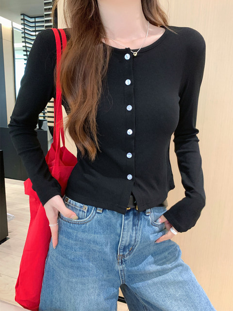 2026 Spring French Fashion Chic Button Cardigan for Women, Simple Style Slim Fit Versatile Round Neck Short Top