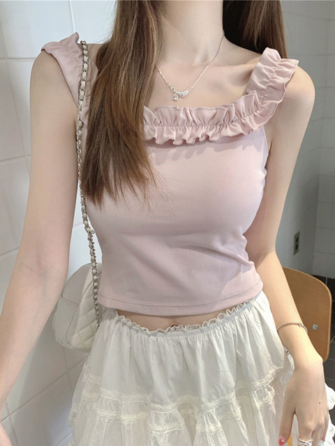 Korean Chic Style Pure and Alluring Off-Shoulder Camisole for Women, Summer 2025, with Chest Pads and Ruffled Edges, Sweet and Spicy Top