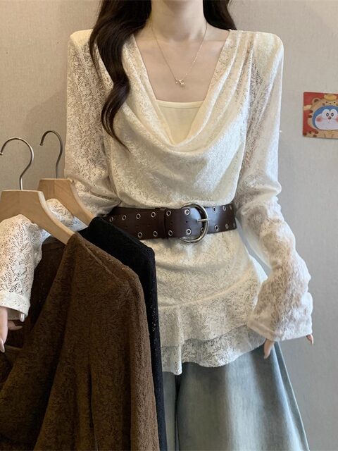 Autumn Spicy Girl Ruffled Neckline Fake Two-Piece T-Shirt for Women with a High-End Feel, Cinched Waist, Layered with Belt, Lace Top ins