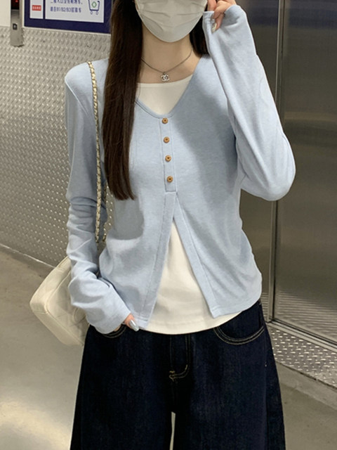 Korean Style Elegant Fake Two-Piece Color-Blocked Unique Slim-Fit Slimming Top for Women in Autumn, Unique and Beautiful Age-Reducing Top