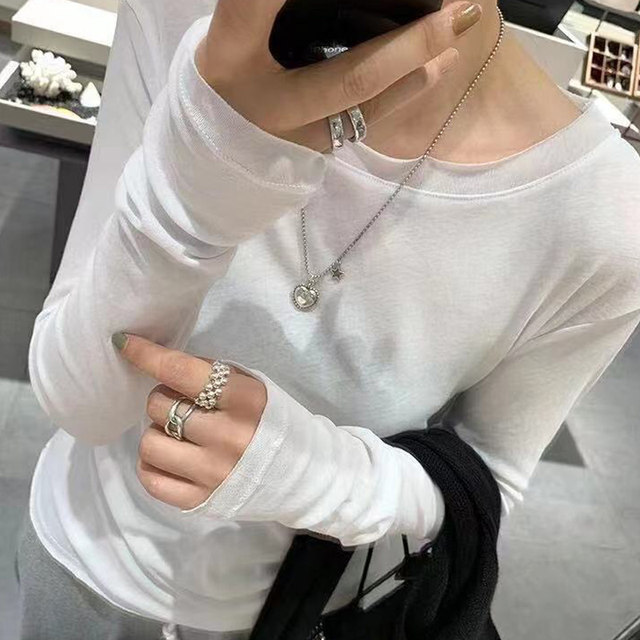 Pure Desire Style Long-Sleeve T-Shirt for Women, White, 2024 Early Autumn New Korean Version, Slim Fit, Unique Frayed Edge, Round Neck Base Shirt