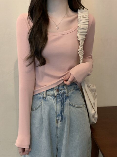 Pink Sweet Style Slim Fit Versatile Long-Sleeve T-Shirt for Women 2024 Autumn Petite Round Neck Pullover Short Top That Exposes the Collarbone