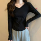 Designed with an Arc-Shaped Hem, V-Neck Long-Sleeve Base Shirt for Women, New Autumn Korean Style, Black Slim-Fit Slimming Inner T-Shirt