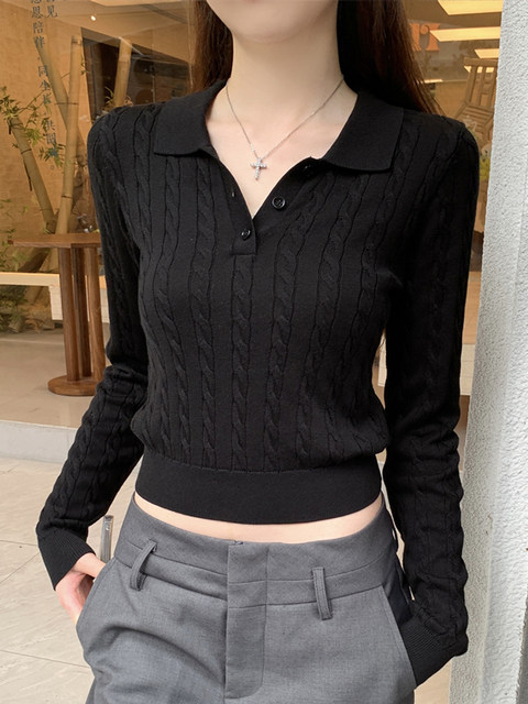 French Retro Twist Knit High-End Polo Collar Top for Women, Early Autumn Short Stylish Fashionable Base Knit Sweater