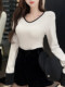 Korean Style Pure Desire Style Color-Block V-Neck Long-Sleeve T-Shirt for Women 2025 Winter Unique Shirt Sleeve Top Brushed Warm Base Layer Shirt