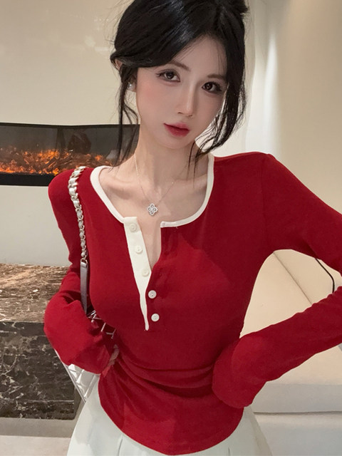 Korean Chic Style Slim-Fit T-Shirt for Women 2025 Autumn Sexy Hot Girl Half-Open Collar Button Color-Block Top