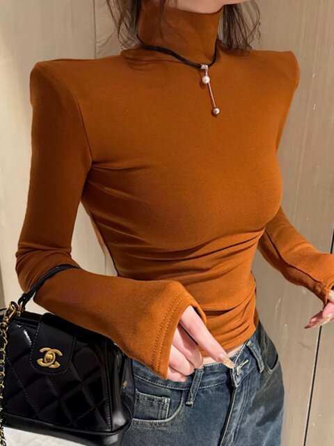 High-Neck Simple Inner Layer with Shoulder Pads, Base Shirt for Women, 2025 Winter, Brushed Fleece, Figure-Flattering, Short, Cropped, Long-Sleeved Top