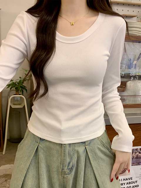 Basic Solid Color Round Neck Long-Sleeve T-Shirt for Women, Suitable for Autumn and Winter, Can Be Worn as an Inner Layer or Outerwear, Versatile Korean-Style Top