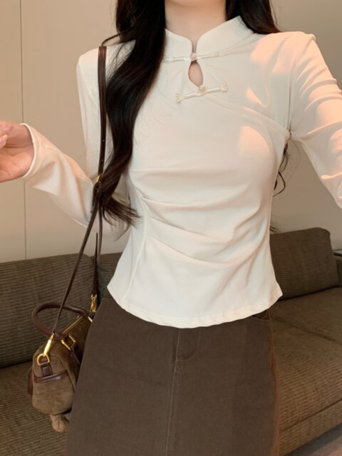 New Chinese-Style National Trend Button-Up Stand Collar Base Shirt for Women, 2025 Spring New Fashion, Stylish Pleated Short Top