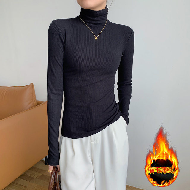 High-Neck Fleece-Lined Base Shirt for Women, Winter 2025 New Korean Style Slim-Fit Gray Brushed Ribbed Long-Sleeve T-Shirt Top