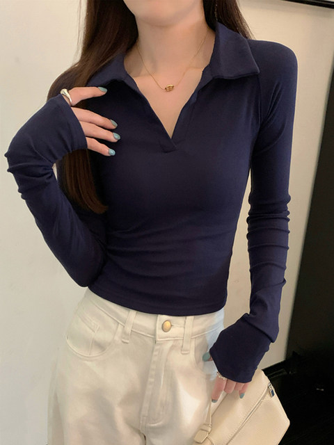 Pure and Elegant Polo Collar Slim-Fit Long-Sleeve T-Shirt for Women, 2025 Autumn, Solid Color Design, Simple and Versatile Short Top ins