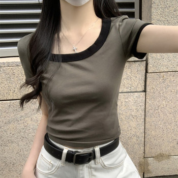 2025 Spring/Summer New French Style Square Neck Short Sleeve T-Shirt for Women, Color Block Versatile Korean Chic Short Top
